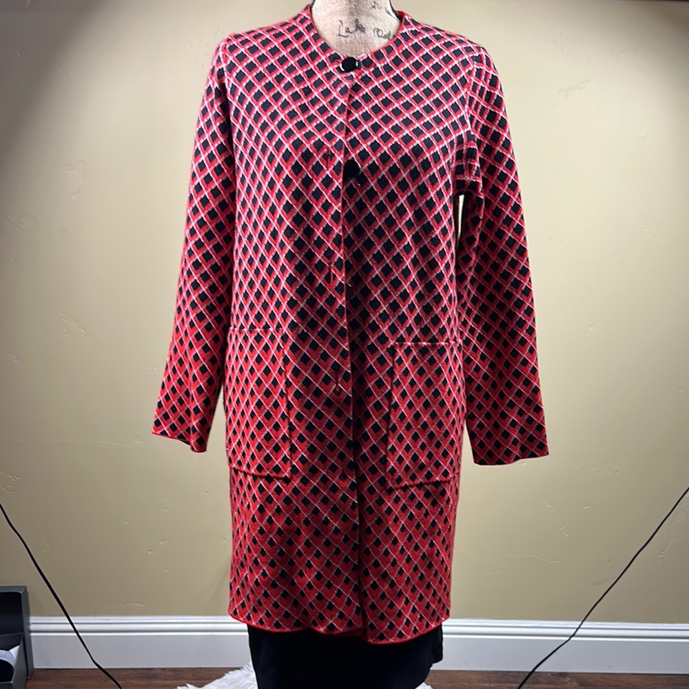 Ann Taylor Red and Black Diamond Pattern Sweater Coat